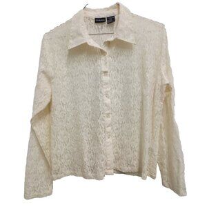 VTG 90s George Top Womens XL Cream Floral Lace Long Sleeve Sheer Fairy Romantic